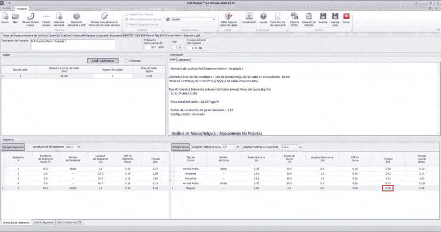 Una captura de pantalla del software Polywater Pull-Planner mientras calcula una instalación. Se muestra un cuadro rojo alrededor del número 4088 en la sección "tensión".
