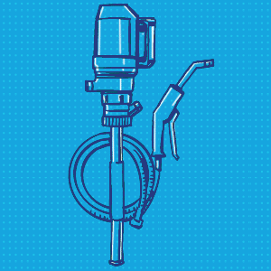 Illustration of a battery powered pump with a motor on top of a long pipe.