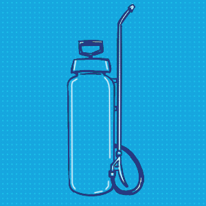 Illustration of a pump sprayer including a reservoir for liquid, a hand pump on top, and a hose with a spray attachment.