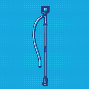 Illustration of a stick pump including a small motor powered by a battery and a long hose that runs downward. A hose comes out of the pipe just below the engine.
