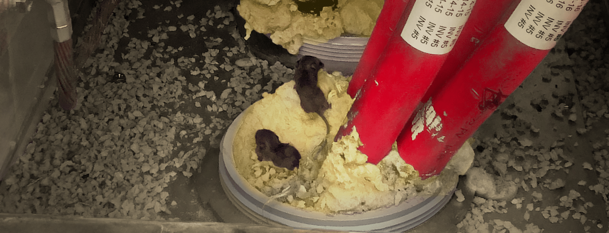 Two mice in their nest in a electrical cabinet with chewed purple expanding foam