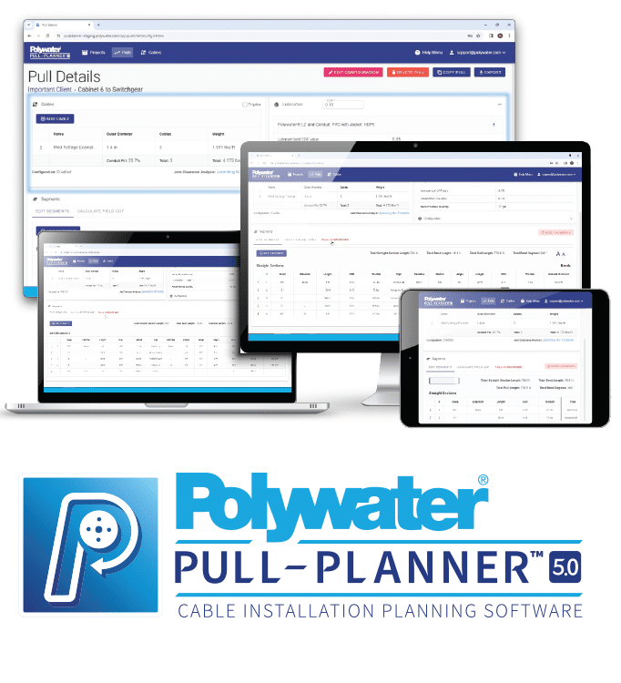 The Polywater Pull-Planner displayed on a TV, laptop, desktop computer, and tablet device. Beneath that image is the Polywater Pull-Planner logo that reads, " Polywater Pull-Planner 5.0. Cable Installation Planning Software.