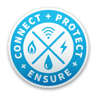 Circular emblem with a light blue gradient background and a white border. Inside the emblem, there are four icons arranged in an X pattern: a Wi-Fi signal at the top, a water droplet at the bottom, a flame on the left, and a lightning bolt on the right. The words "CONNECT + PROTECT" are written along the top edge of the circle, and "ENSURE" is written at the bottom, all in white text.