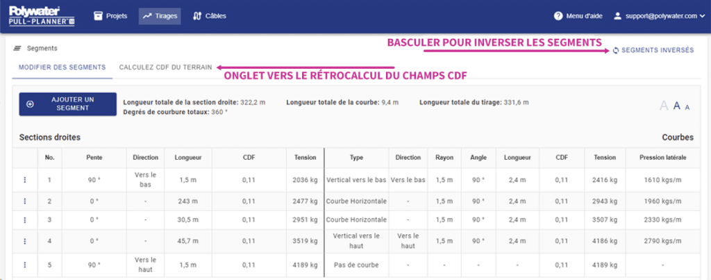 Capture d'écran de la page de calcul inverse du logiciel Polywater Pull-Planner.