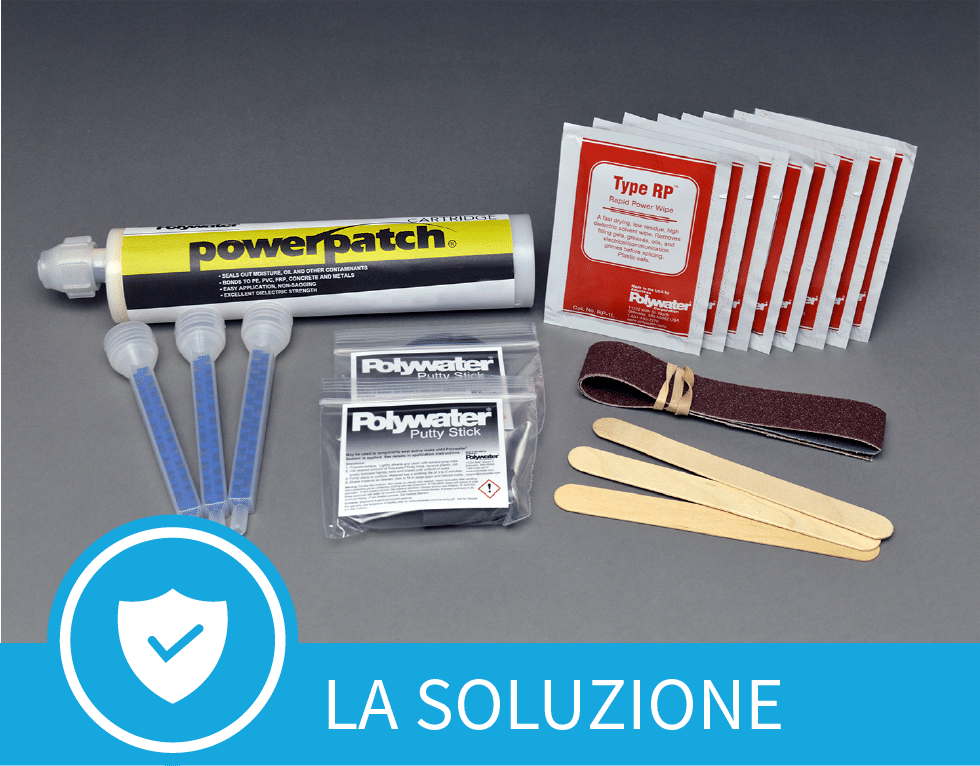 Tutti i componenti di un kit di riparazione Polywater PowerPatch con un banner blu nella parte inferiore dell'immagine che dice 