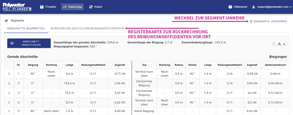 Polywater Pull-Planner Software-Screenshot der Rückberechnungsseite.