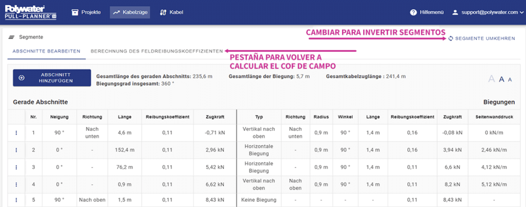 Captura de pantalla del software Polywater Pull-Planner de la página de cálculo inverso.