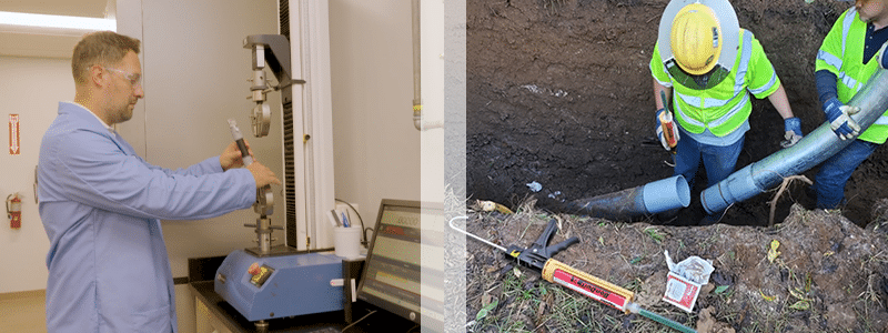 Left image is a scientist in a blue lab coat hooking something into an Instrom pulling machine. Right image shows two men in yellow safety vests in a trench using Polywater Bonduit to adhere some conduits together.