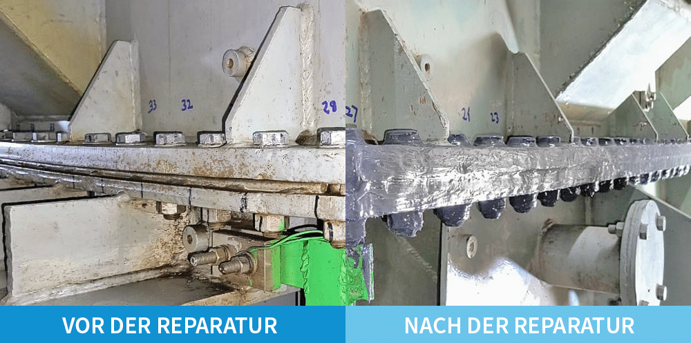 Ein "Vor der Reparatur"-Bild auf der linken Seite zeigt einen Stromtransformator mit viel Verschleiß und Lecks. Ein "Nach der Reparatur"-Bild auf der rechten Seite zeigt, dass alle Lecks mit Polywater PowerPatch repariert wurden.