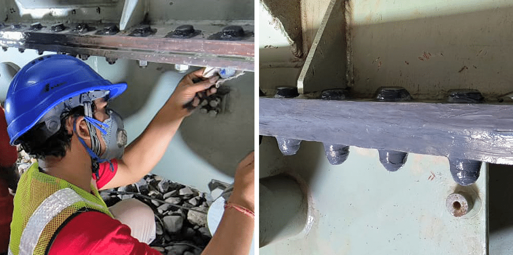 On the left, a man in a red shirt and blue hardhat uses Polywater PowerPatch to seal leaking bolts on a transformer gasket. The image on the right, shows the bolts sealed with Polywater PowerPatch.