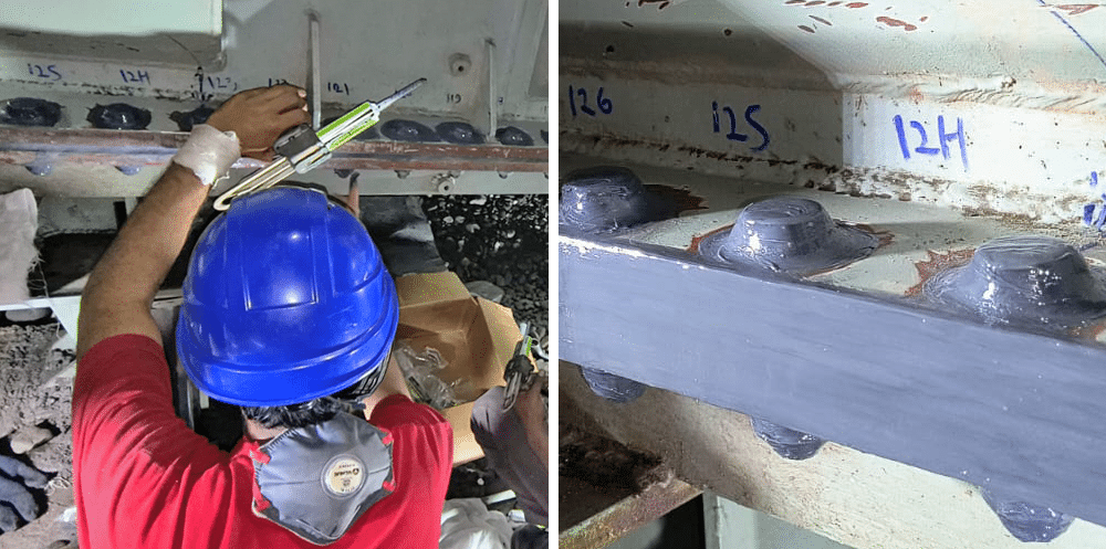 On the left, a man in a red shirt and blue hardhat uses Polywater PowerPatch to seal leaking bolts on a transformer gasket. The image on the right show the bolts cleaned and prepped for sealing.