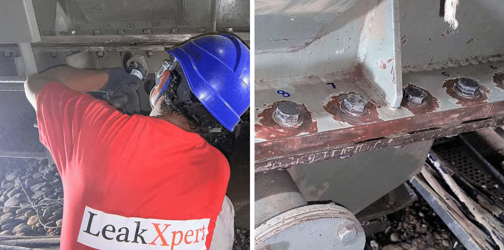 On the left, a man in a red shirt and blue hardhat uses Polywater PowerPatch to seal leaking bolts on a transformer gasket. The image on the right show the bolts cleaned and prepped for sealing.