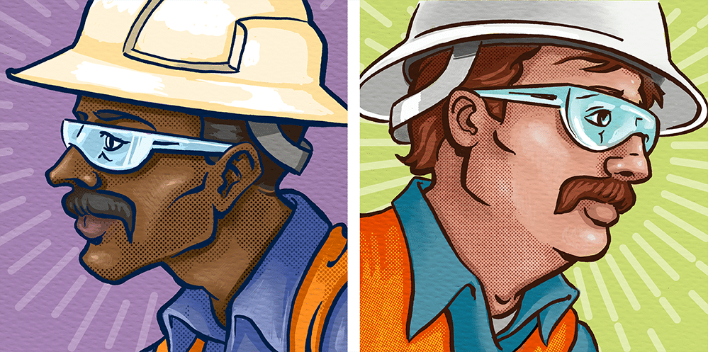 Two images of men in hard hats and safety glasses.